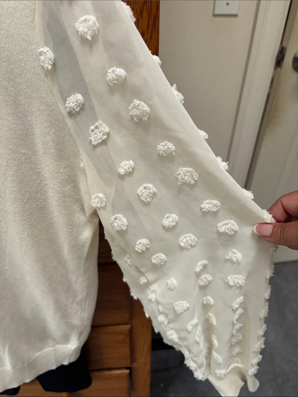 Adrianna Papell Cream V-Neck Sweater with Pom-Pom Sleeve Detail - Picture 3 of 5